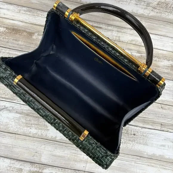 VTG Rodo Lacquered Wicker Basket Box Purse Green Framed Retro 50s 60s Italian - Picture 14 of 15